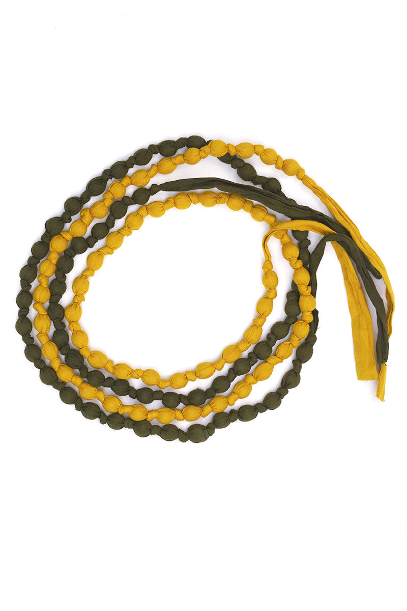 Textile & Bead Wrap Necklace - Olive & Mustard