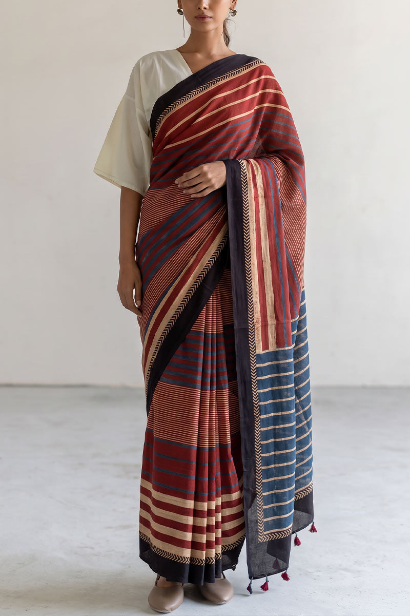 Cotton Saree - Red Play of Stripes