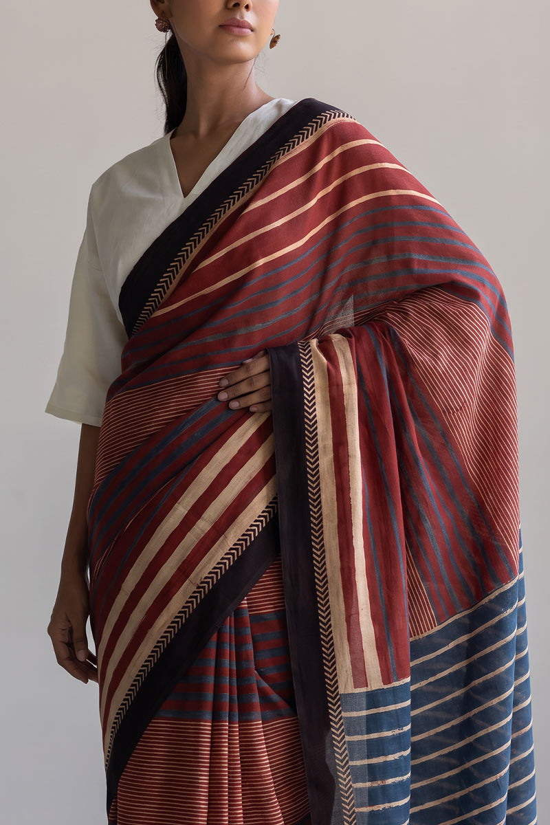 Cotton Saree - Red Play of Stripes