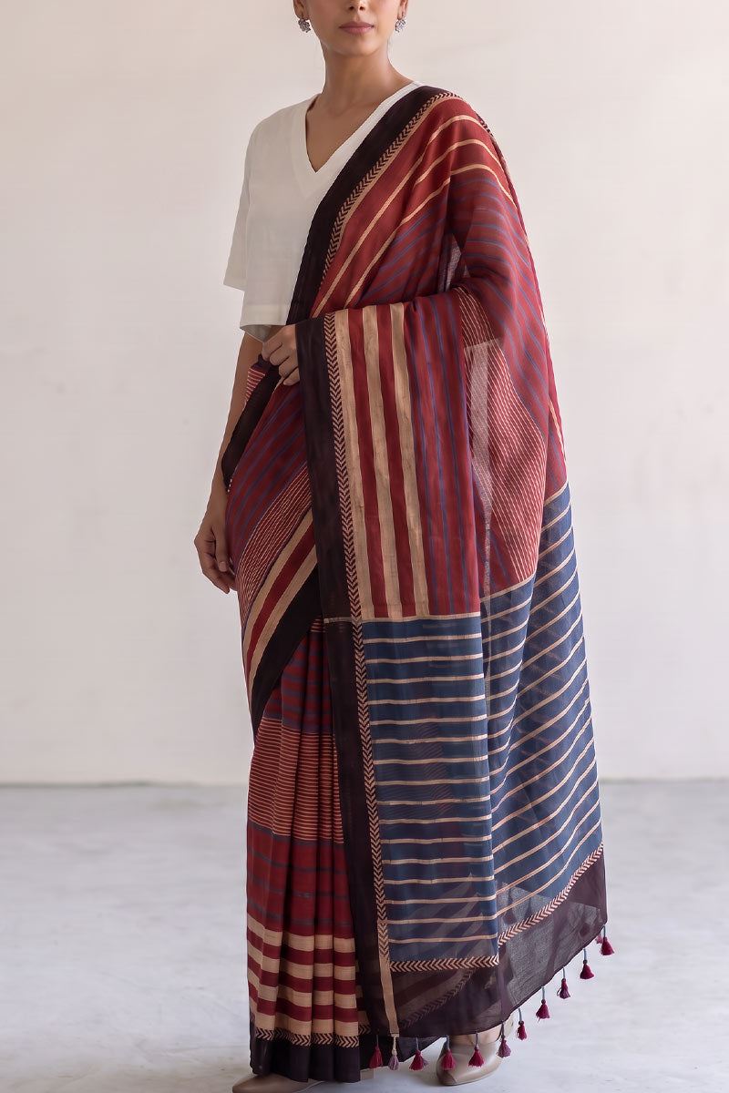 Cotton Saree - Red Play of Stripes