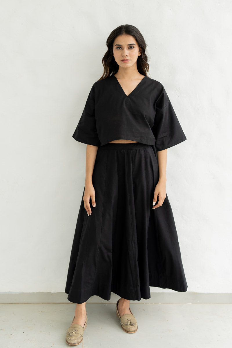 Set of 2 - Flared Skirt & Crop Top Black