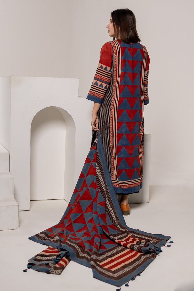 Set of 3 - Kurta, Dupatta & Culotte - Red & Indigo Pyramid