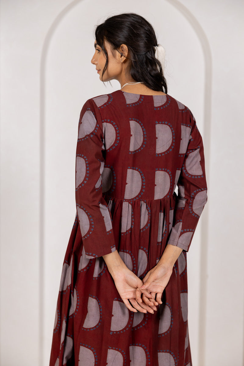 V neck Flared Dress - Zar Burgundy