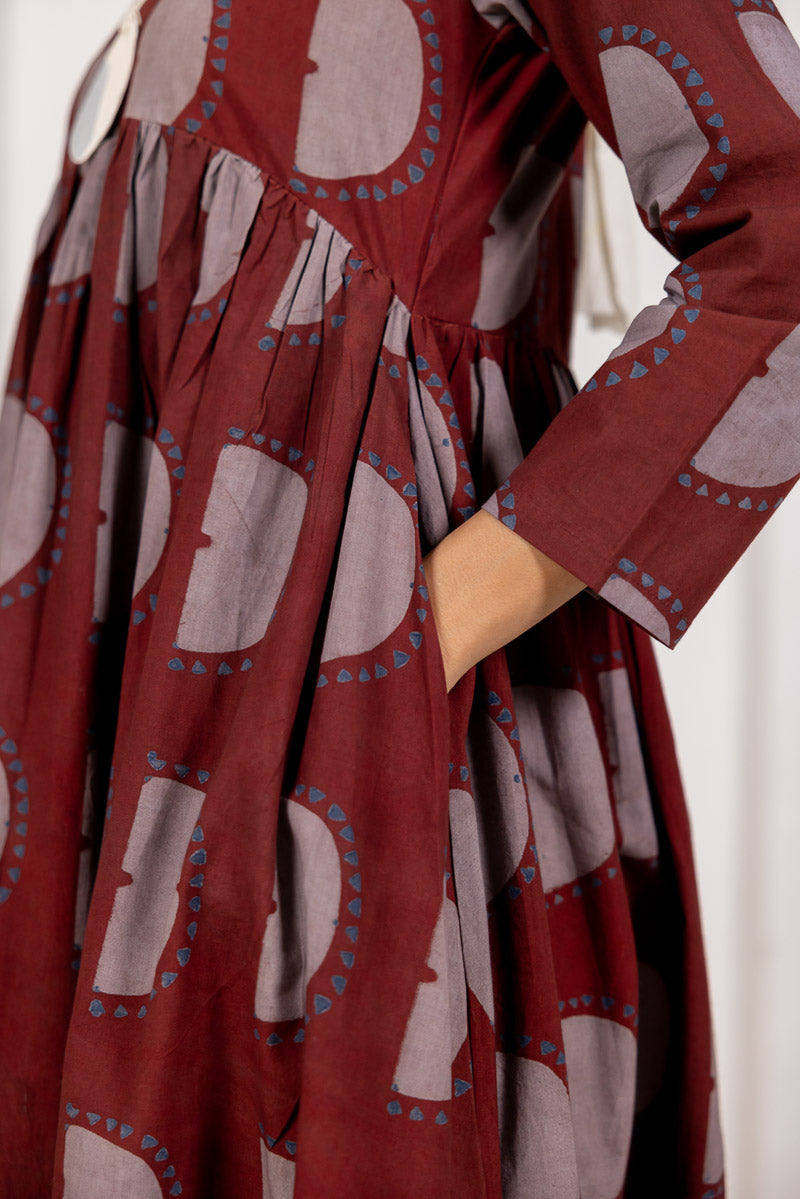 V neck Flared Dress - Zar Burgundy