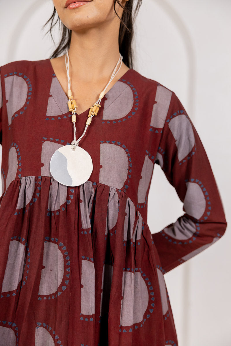 V neck Flared Dress - Zar Burgundy