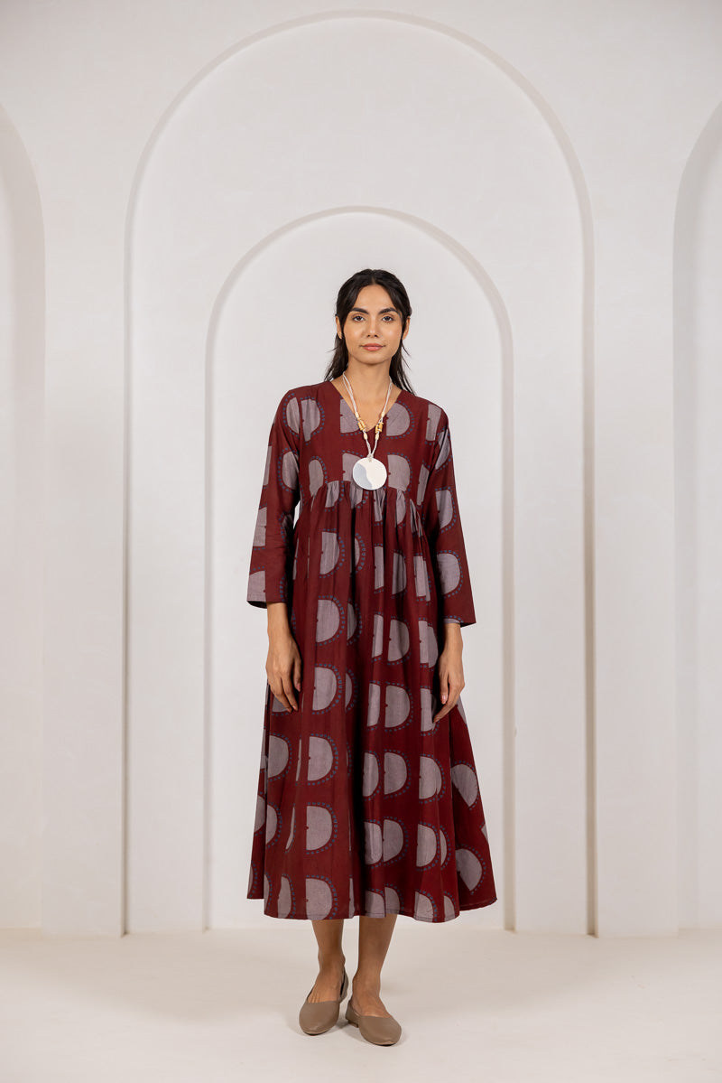 V neck Flared Dress - Zar Burgundy