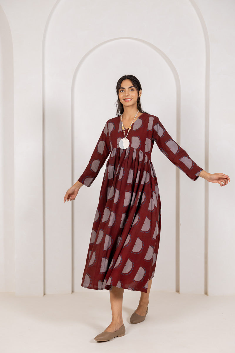 V neck Flared Dress - Zar Burgundy