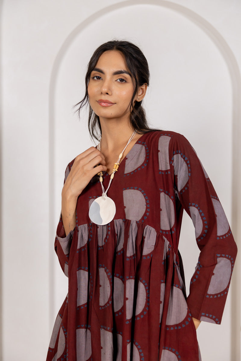 V neck Flared Dress - Zar Burgundy