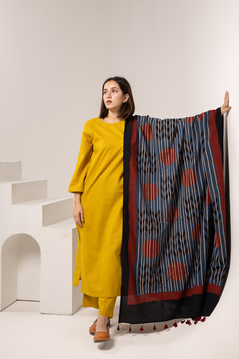 Cotton Dupatta - Polkas & Stripes Indigo