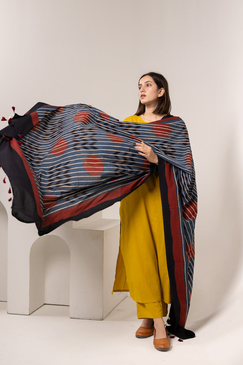 Cotton Dupatta - Polkas & Stripes Indigo