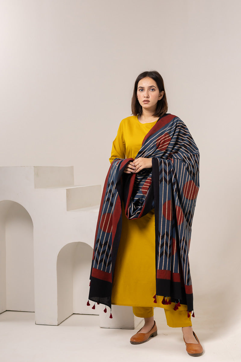 Cotton Dupatta - Polkas & Stripes Indigo