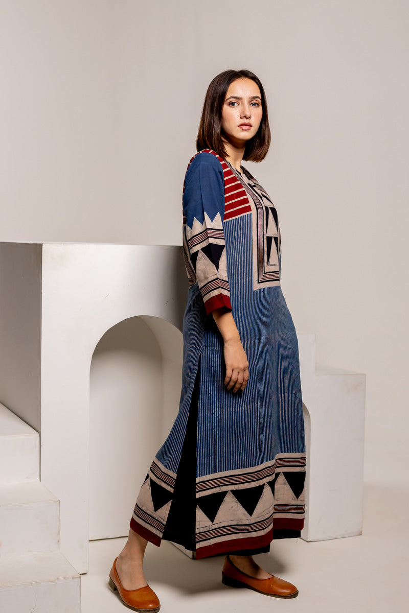 Classic Kurta - Pyramid Yoke Indigo Red