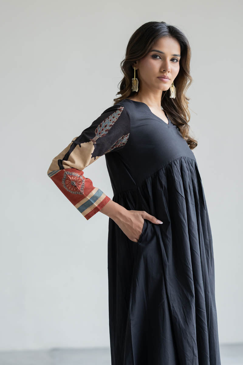 V Neck Flared Kurta - Black