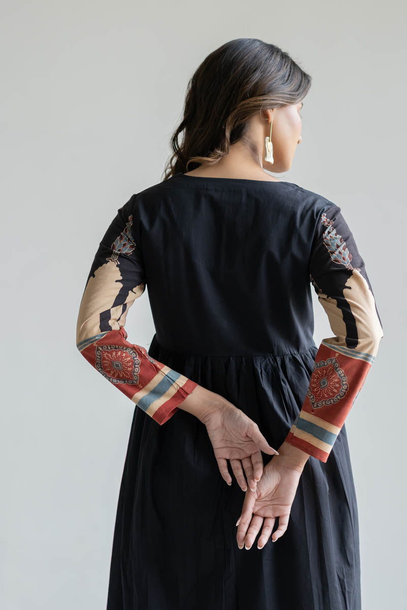 V Neck Flared Kurta - Black