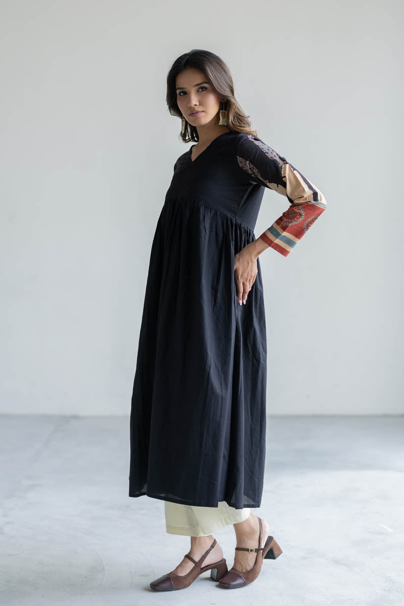 V Neck Flared Kurta - Black