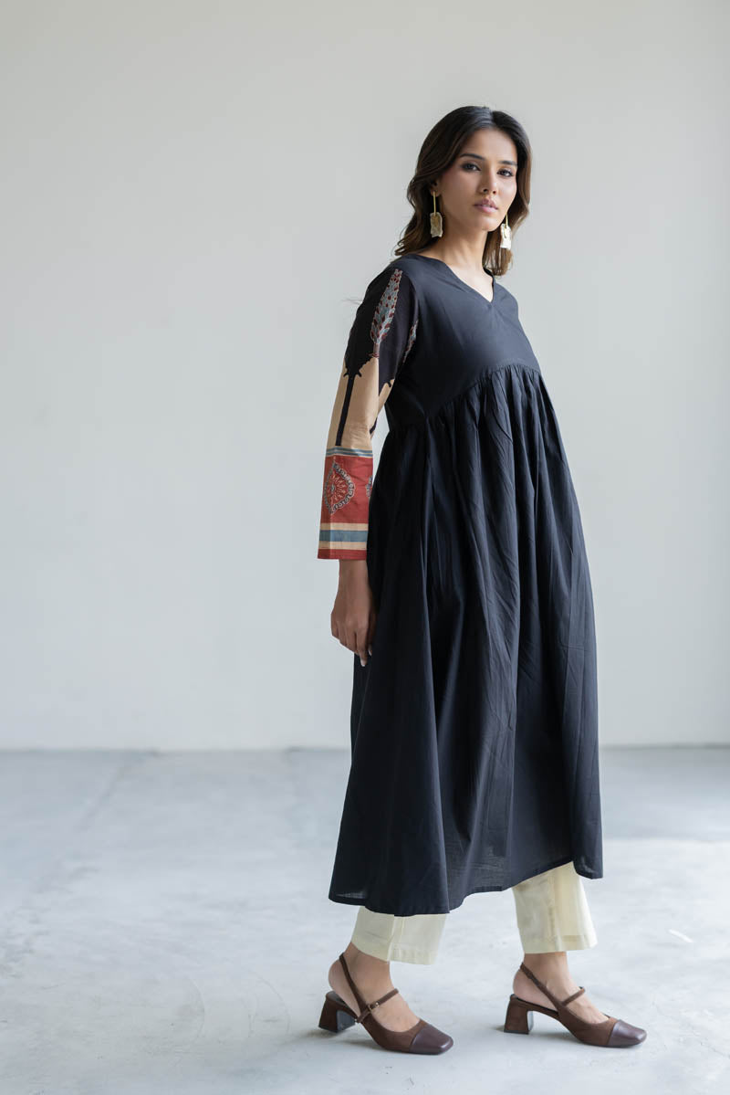 V Neck Flared Kurta - Black