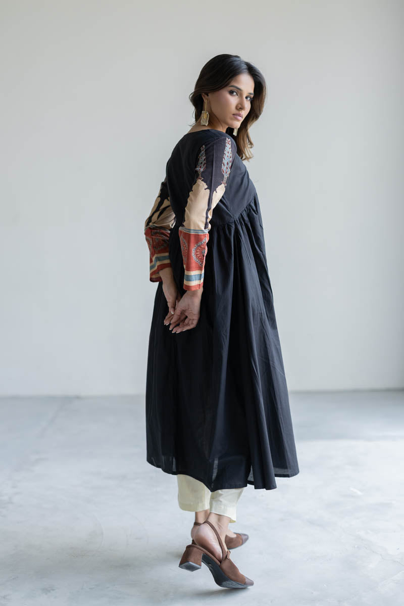 V Neck Flared Kurta - Black