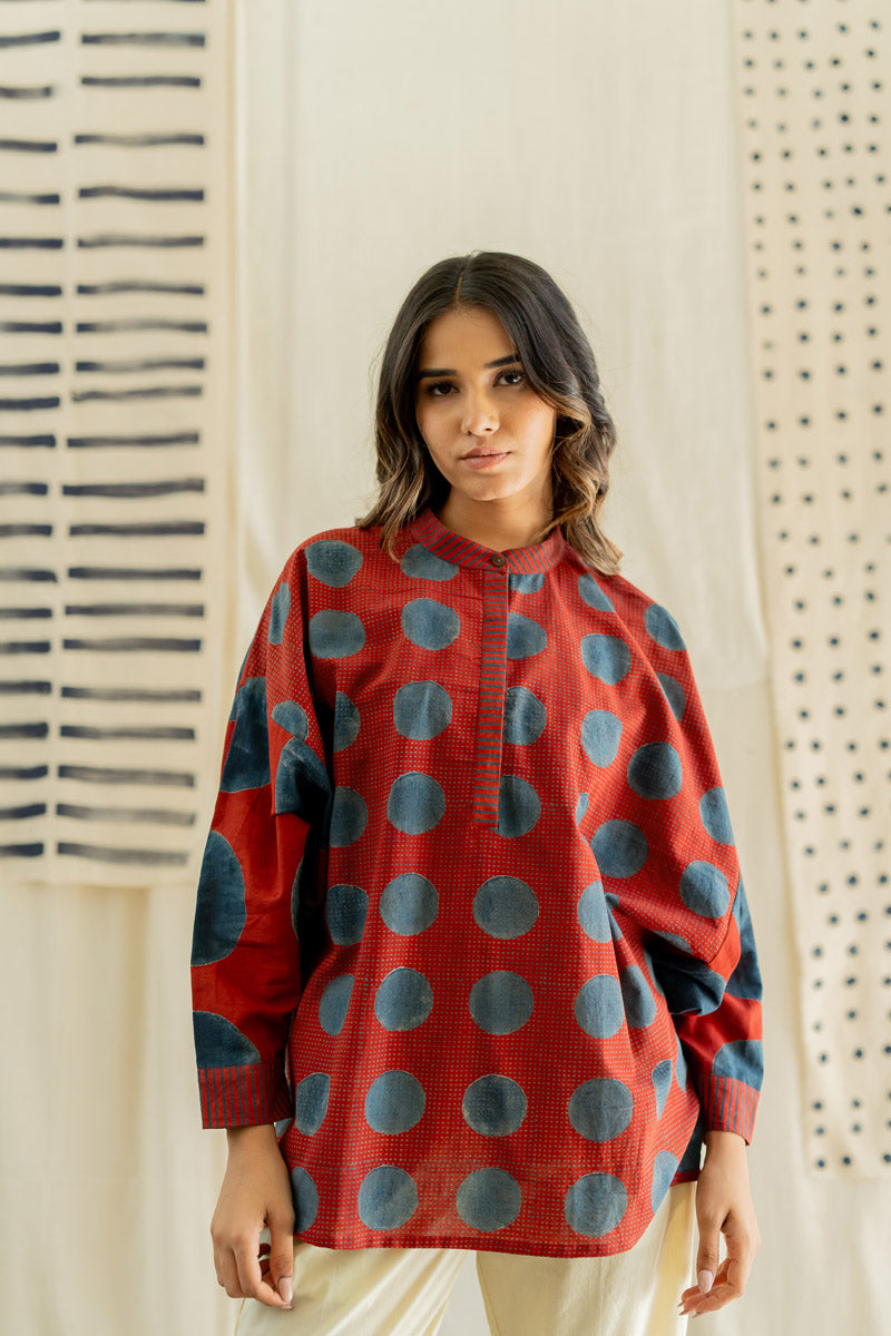 Freesize Antifit Top -Red & Indigo Dots & Polkas