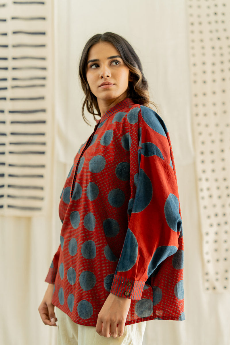 Freesize Antifit Top -Red & Indigo Dots & Polkas