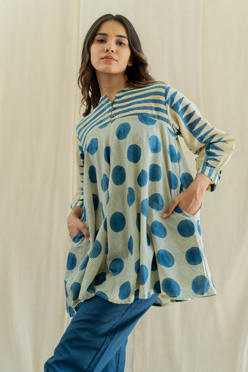 Bias Tunic - Indigo & White Polka