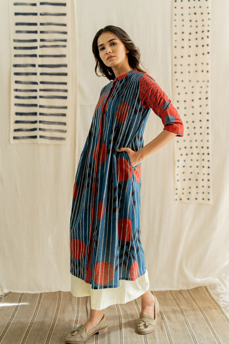 Pintuck Kurta - Playful Geometry Indigo