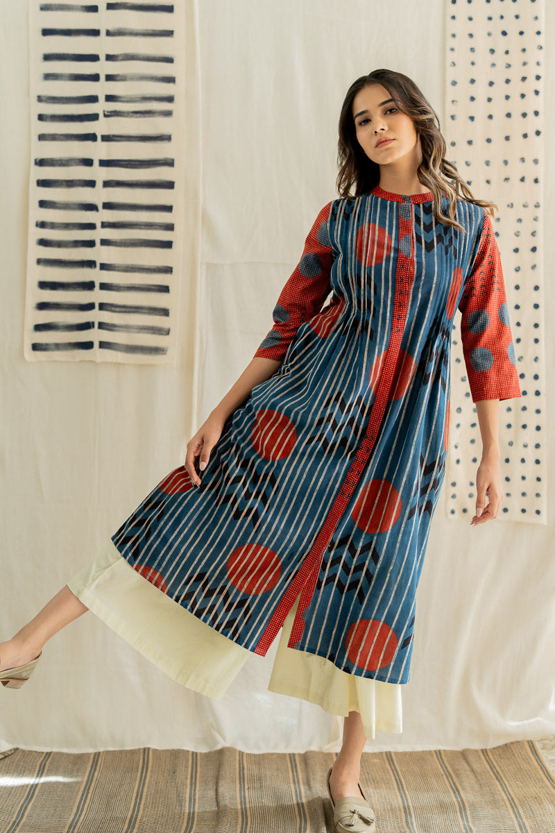 Pintuck Kurta - Playful Geometry Indigo