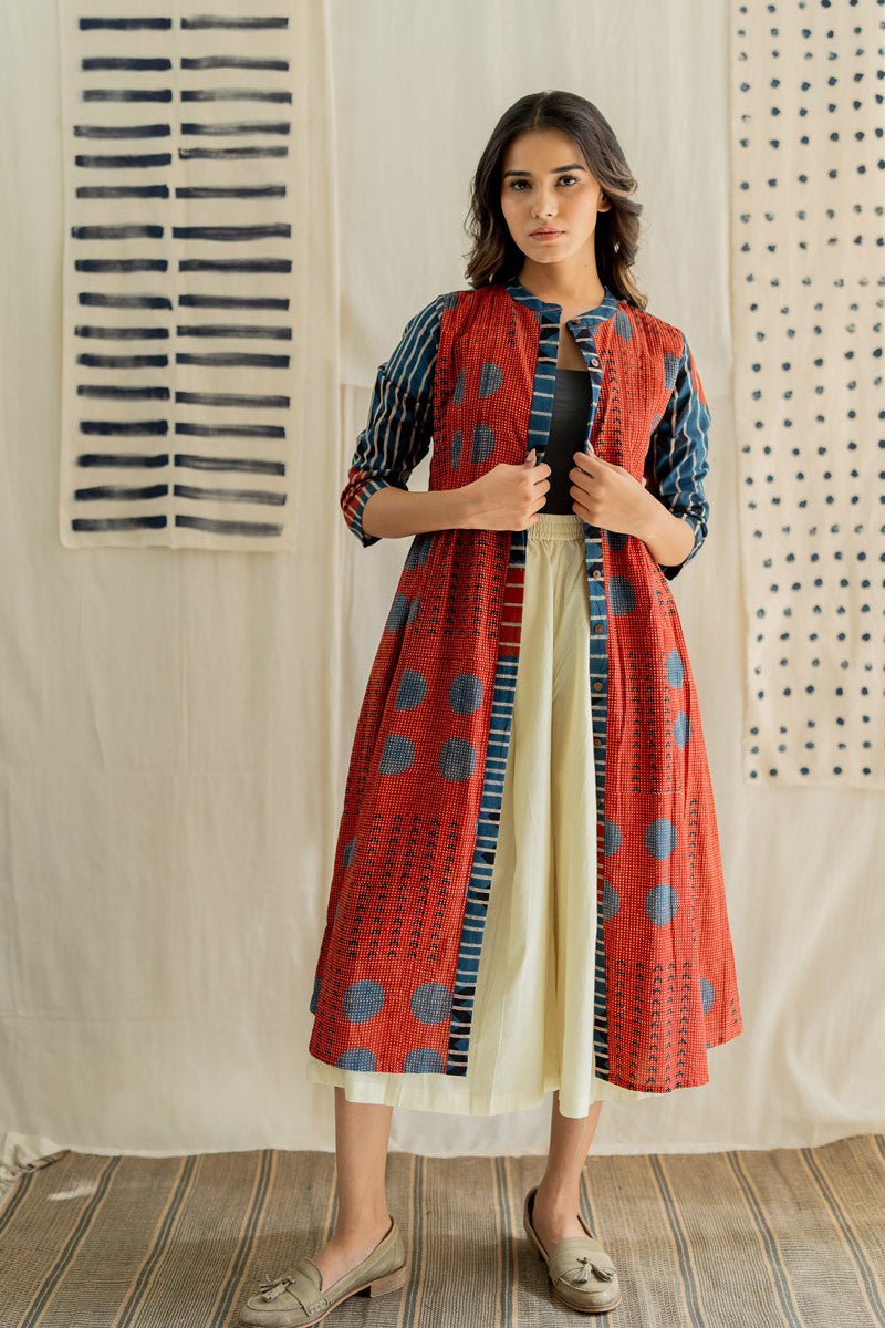 Pintuck Kurta - Playful Geometry Red