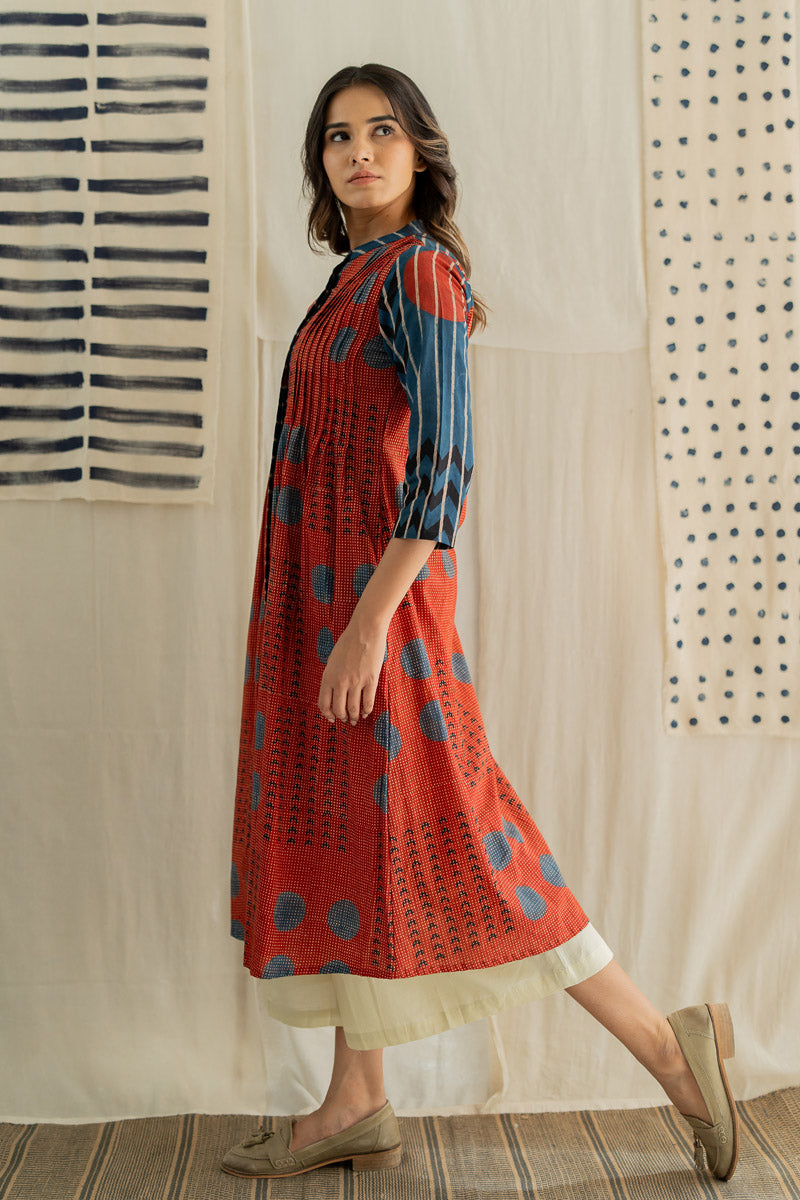 Pintuck Kurta - Playful Geometry Red