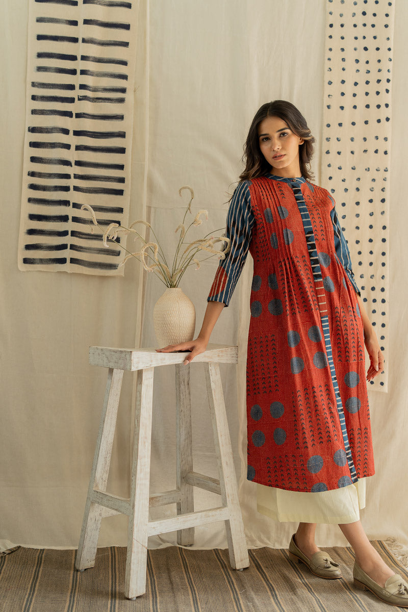 Pintuck Kurta - Playful Geometry Red