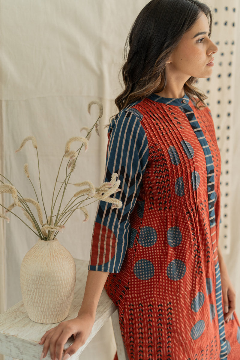 Pintuck Kurta - Playful Geometry Red