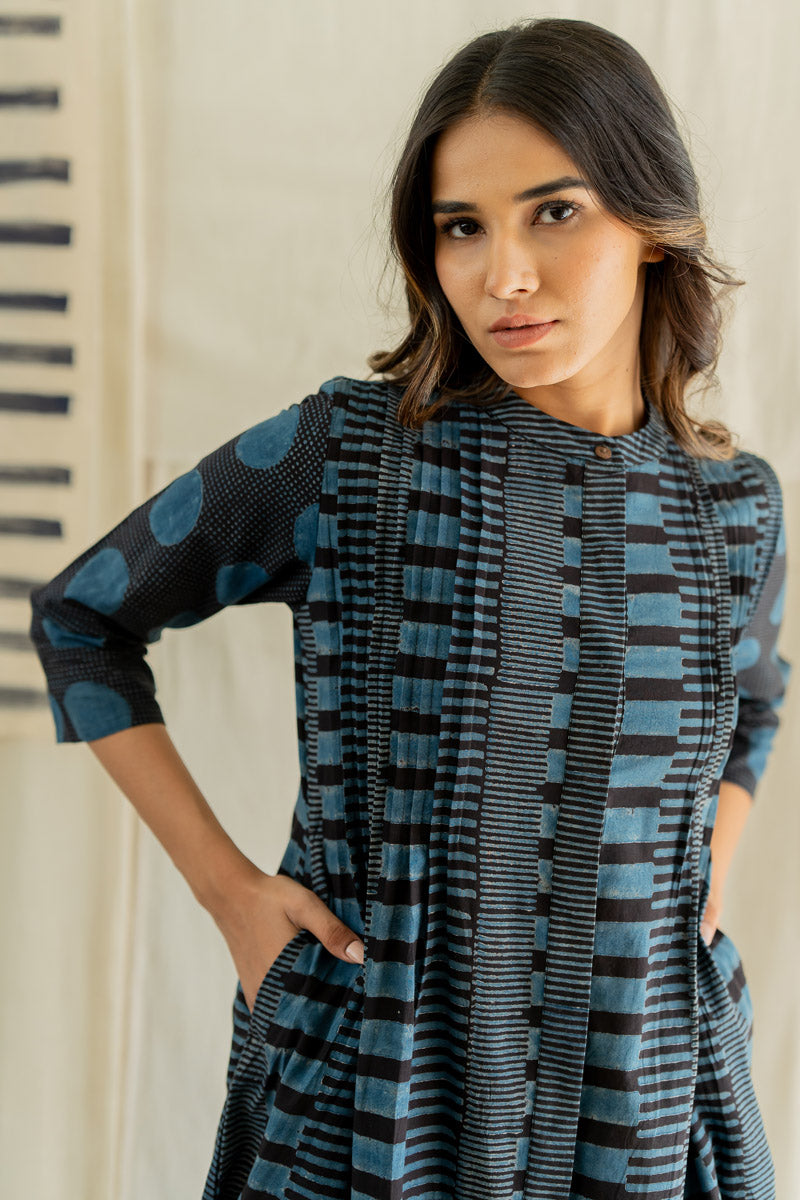 Pintuck Kurta - Black & Indigo Piano Stripes