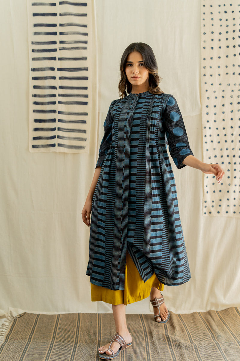 Pintuck Kurta - Black & Indigo Piano Stripes