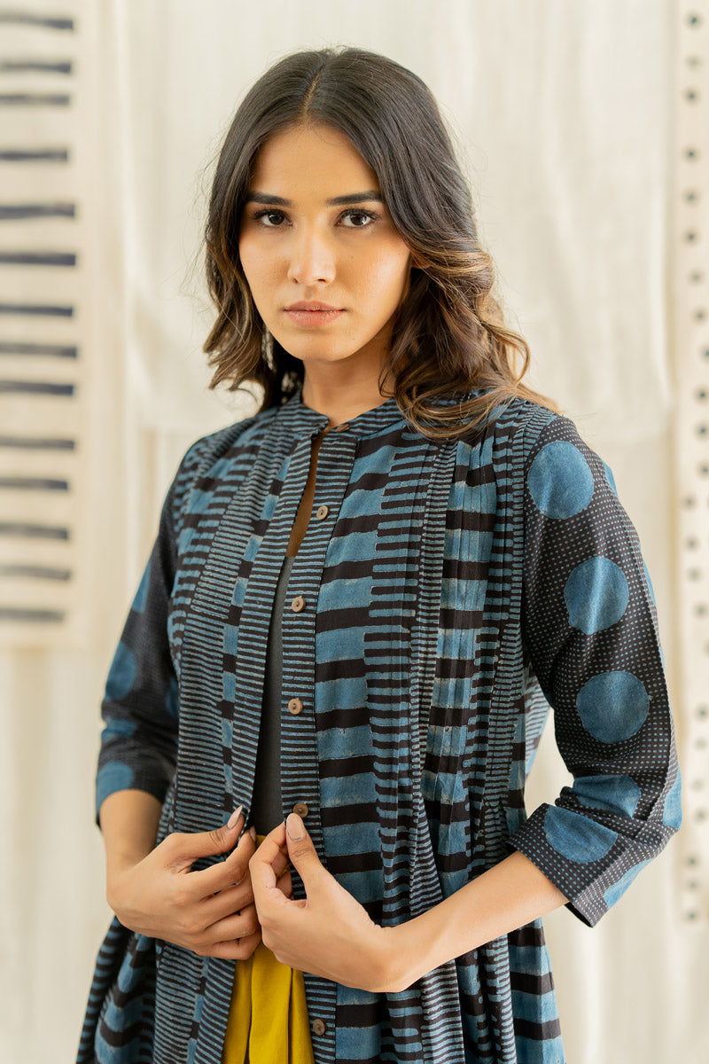 Pintuck Kurta - Black & Indigo Piano Stripes