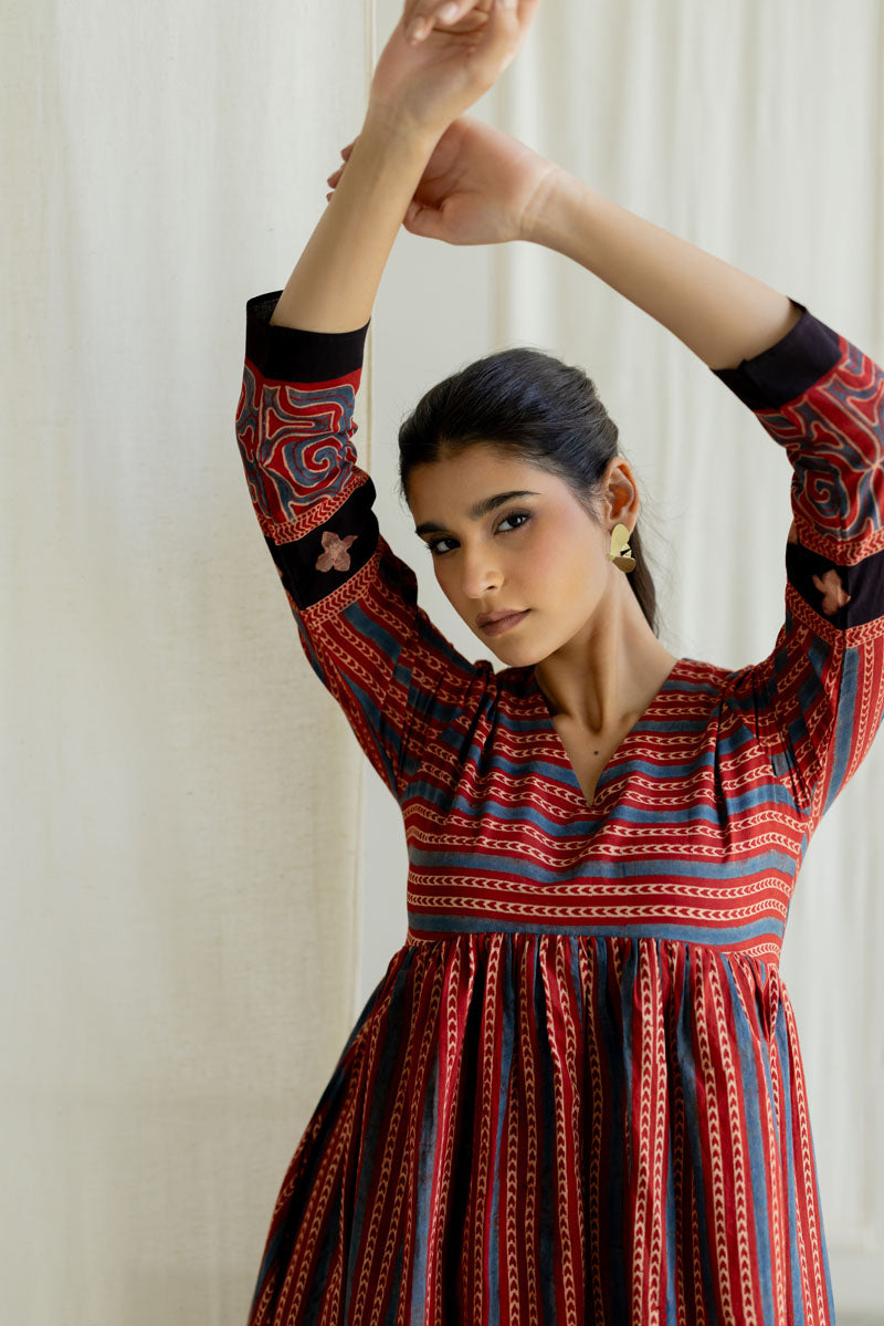 V neck Flared Dress - Veha Red