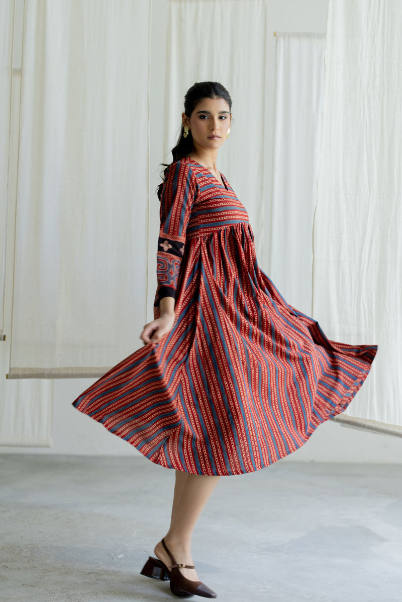 V neck Flared Dress - Veha Red