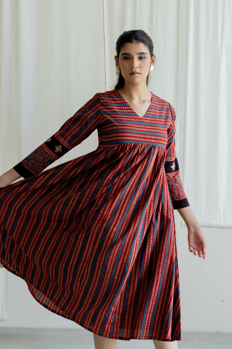 V neck Flared Dress - Veha Red