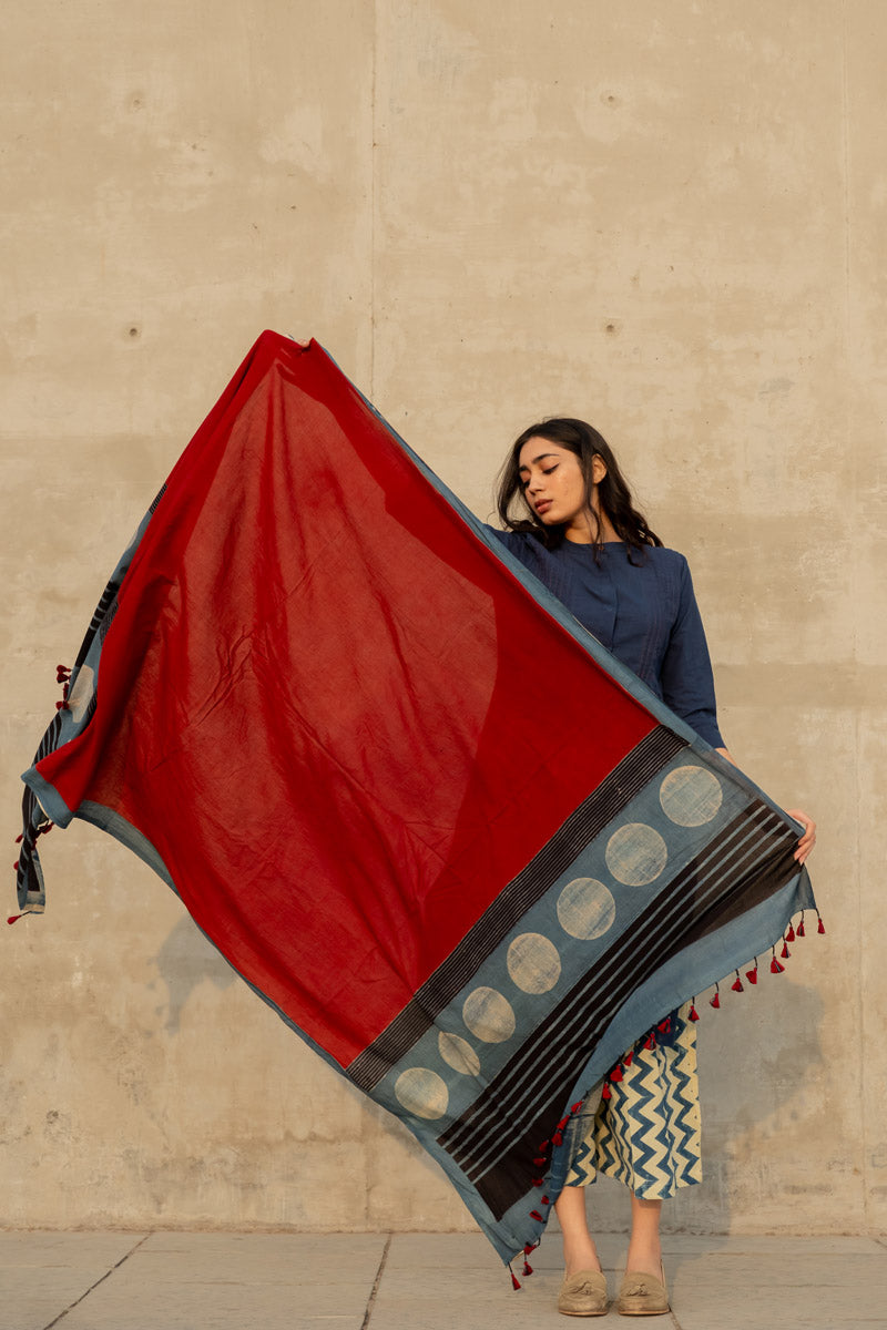 Cotton Dupatta - Red & Polka