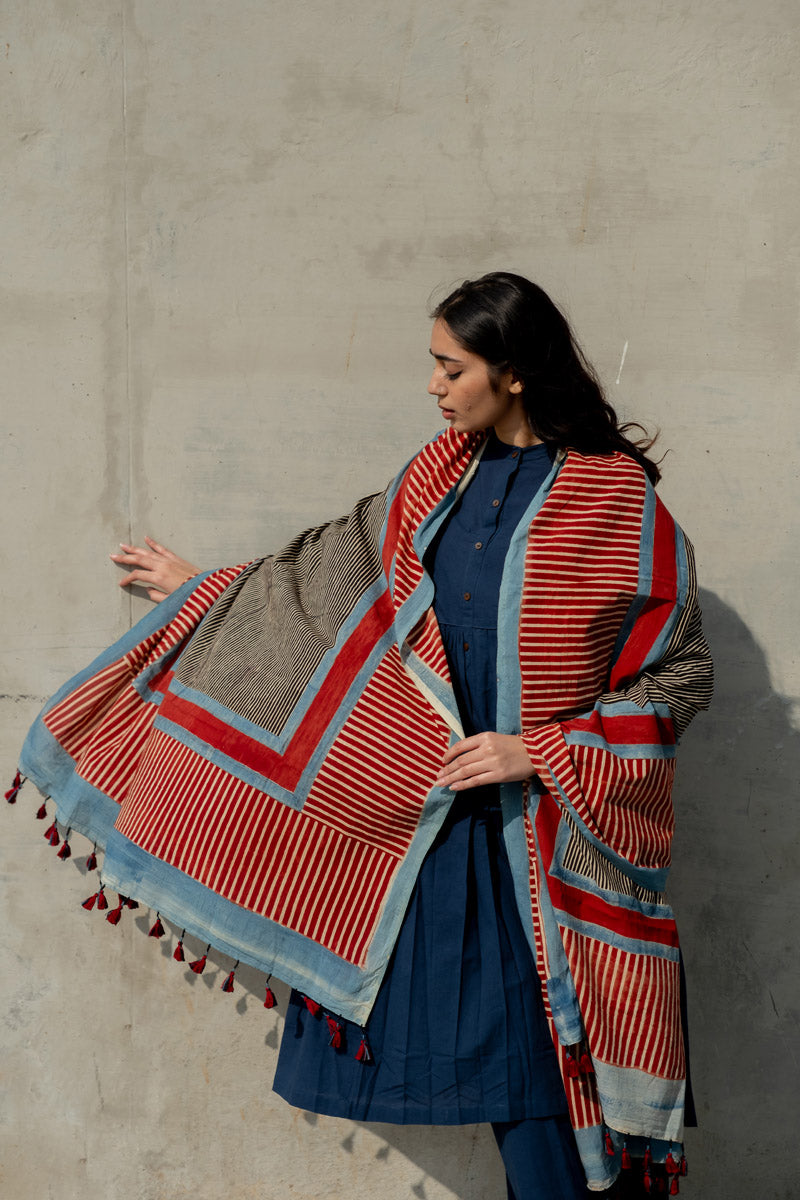Cotton Dupatta - Red Play of Stripes