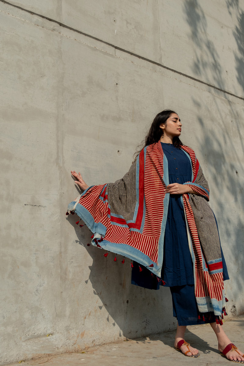 Cotton Dupatta - Red Play of Stripes