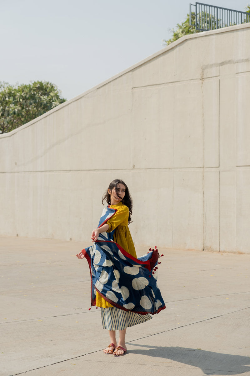 Cotton Dupatta - Indigo Polka