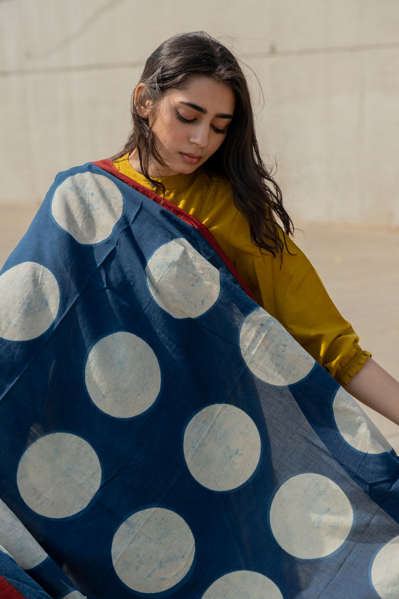 Cotton Dupatta - Indigo Polka