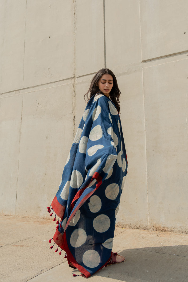 Cotton Dupatta - Indigo Polka