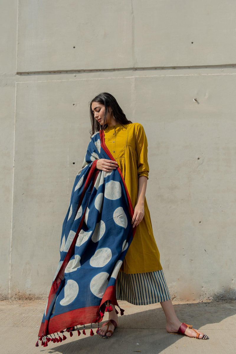 Cotton Dupatta - Indigo Polka