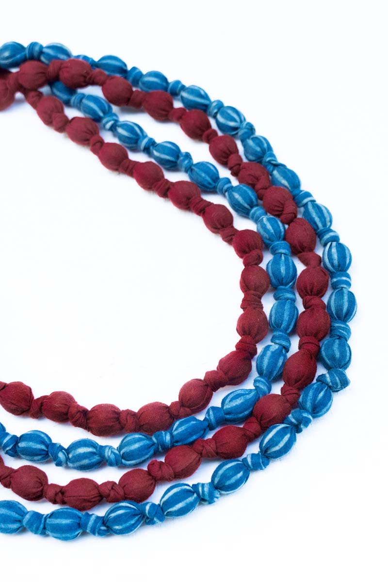 Textile & Bead Wrap Necklace - Maroon & Indigo