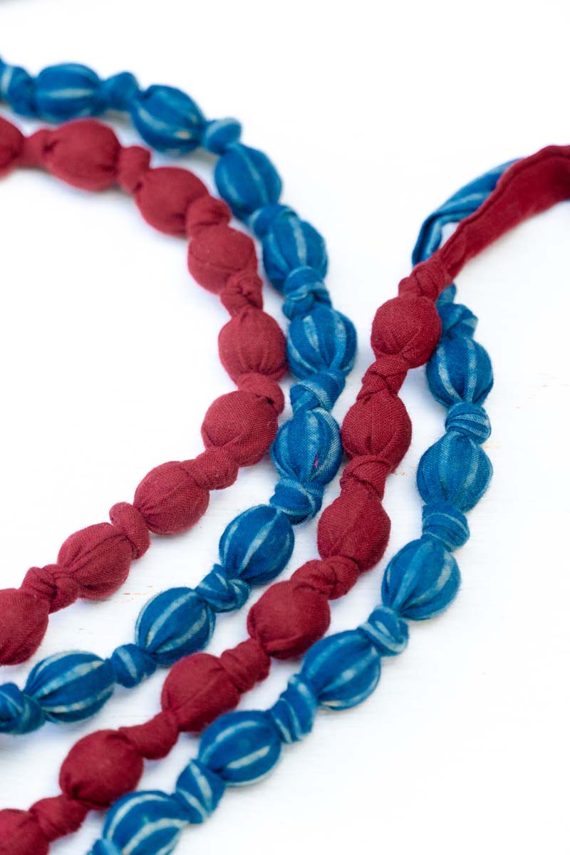 Textile & Bead Wrap Necklace - Maroon & Indigo