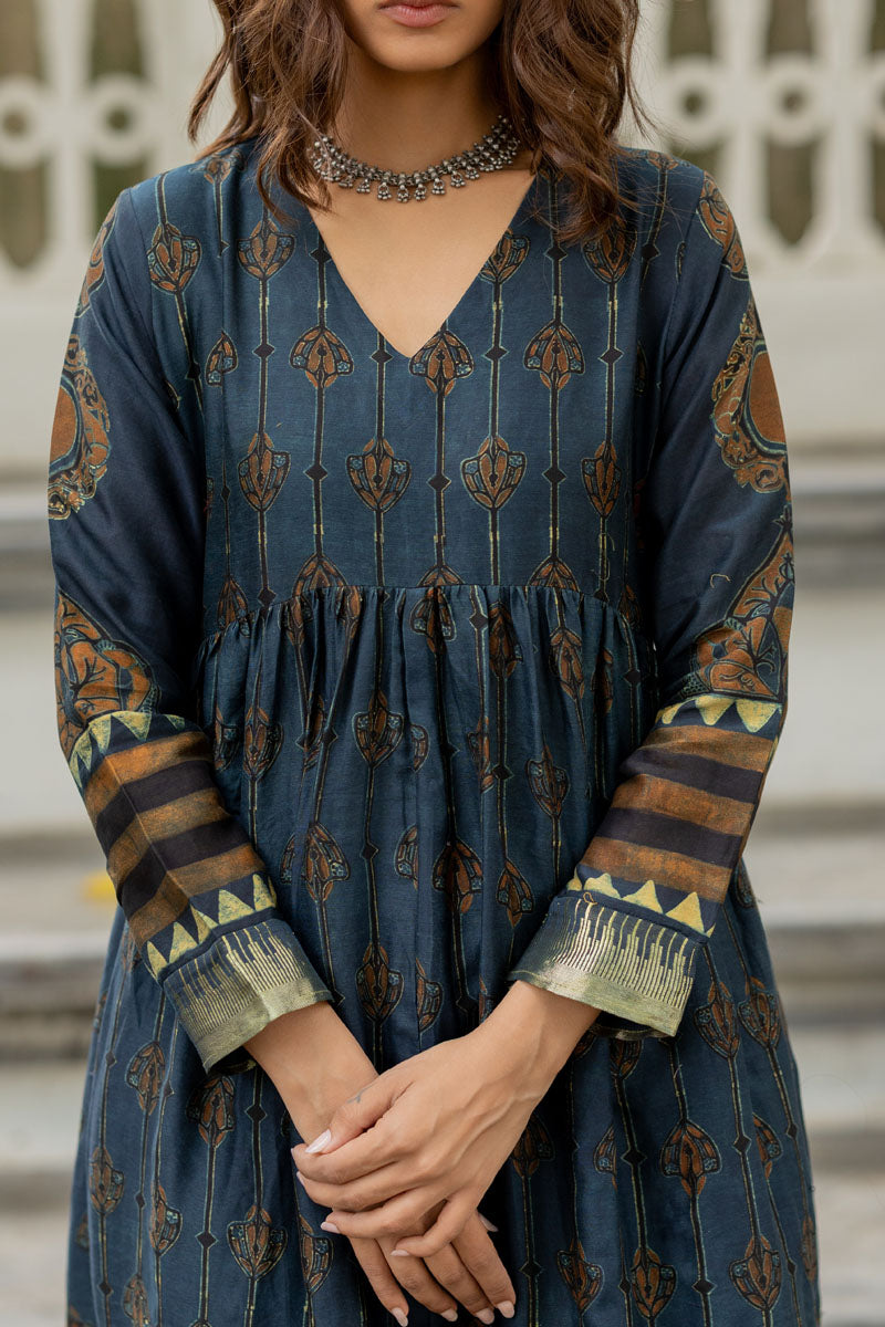 Chanderi Silk V Neck Flared Kurta Set of 2 - Maliha